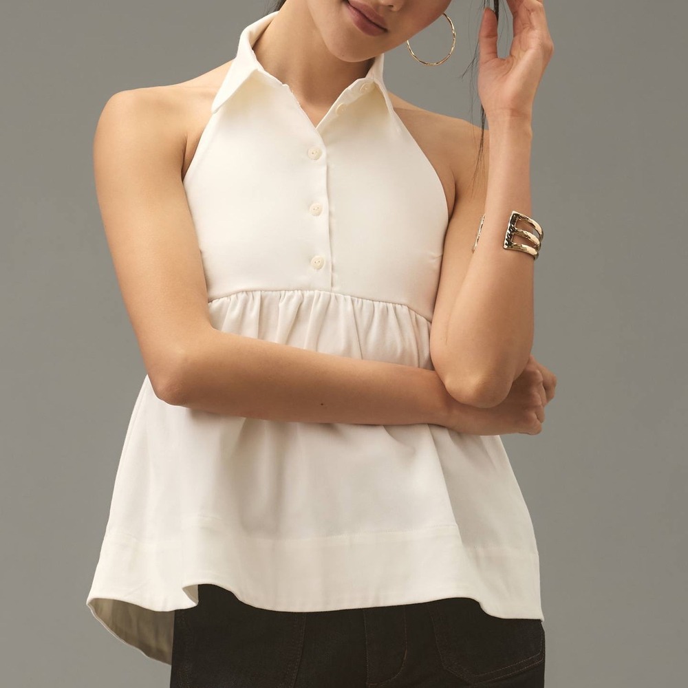 Anthropologie Cream Halter Collar Button-Front Tank